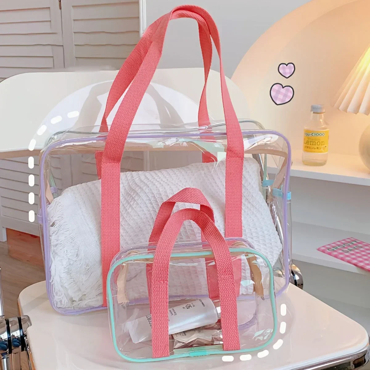 Fashion macarone makeup bag PVC transparent double tote bag go out large capacity beach bag swimming storage bag
Fashion macarone makeup bag PVC transparent double tote bag go out large capacity beach bag swimming storage bag