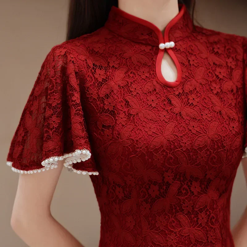 Red Cheongsam Chinese Women Lace Qipao Long Quipao Chinese Traditional Clostume Wedding Party Evening Dress Clothes
Red Cheongsam Chinese Women Lace Qipao Long Quipao Chinese Traditional Clostume Wedding Party Evening Dress Clothes