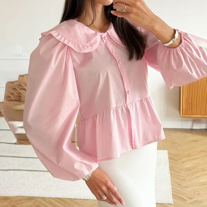 Linad Vintage Pink Ruffled Collar Shirts Autumn Elegant Lantern Sleeve Woman Blouses Fashion Button Long Sleeve Tops Ladies 2025
Linad Vintage Pink Ruffled Collar Shirts Autumn Elegant Lantern Sleeve Woman Blouses Fashion Button Long Sleeve Tops Ladies 2025