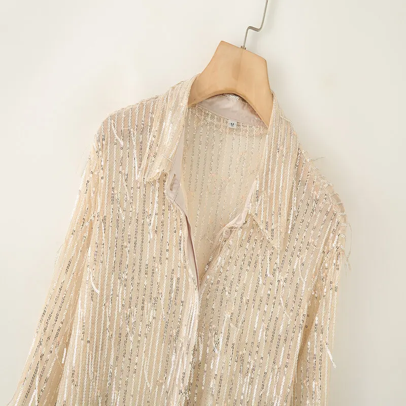 Autumn Winter New Women's Long Sve Turn-down Collar Bead Fringe Decorated irt Versatile Faionable Ladies' Blouse
Autumn Winter New Women's Long Sve Turn-down Collar Bead Fringe Decorated irt Versatile Faionable Ladies' Blouse