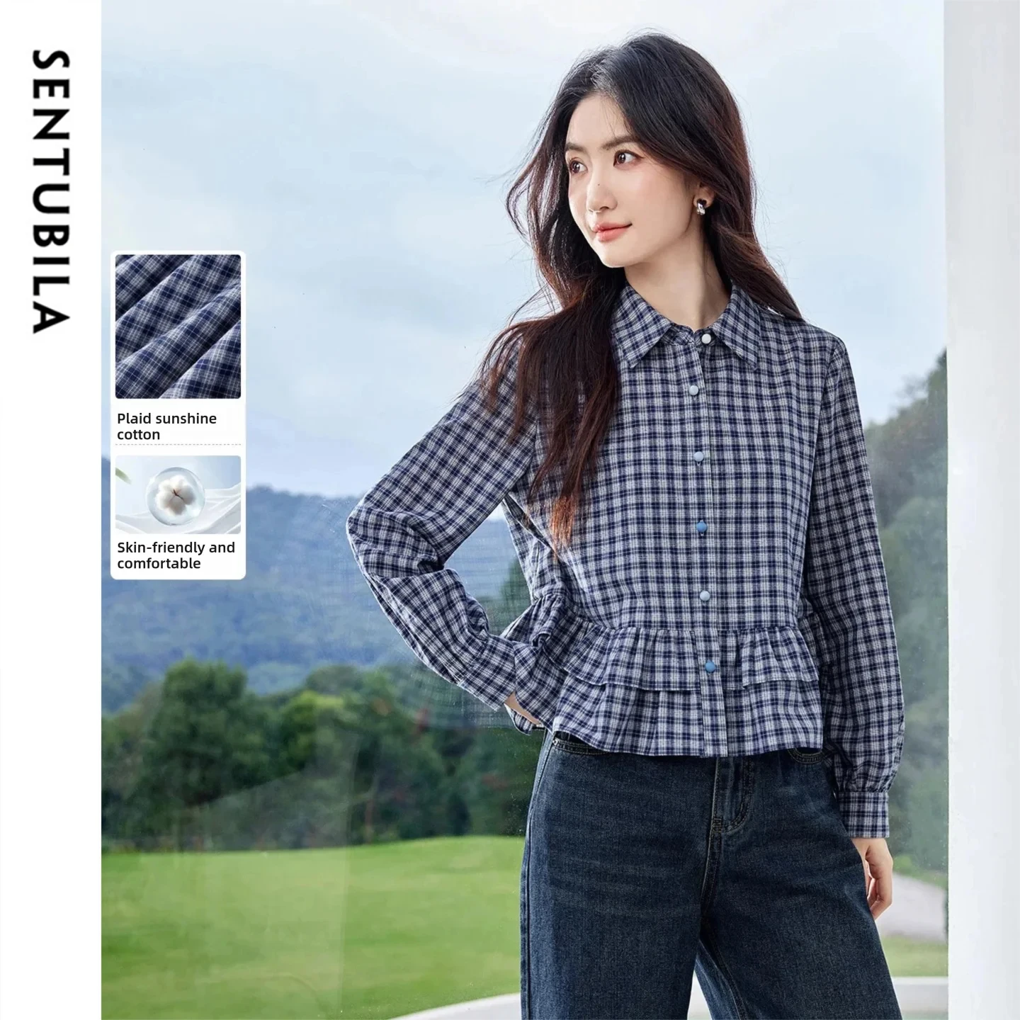 SENTUBILA Women's Plaid Shirt 2026 Spring Double-layer Ruffle Hem Short Shirts & Blouses Casual Ladies Long Sleeve Top 161CG5030
SENTUBILA Women's Plaid Shirt 2026 Spring Double-layer Ruffle Hem Short Shirts & Blouses Casual Ladies Long Sleeve Top 161CG5030
