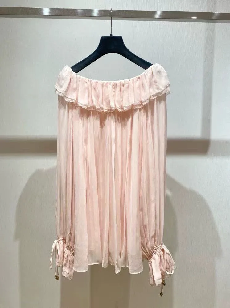 High Quality Pink 100% Silk Shirt Sexy Ladies Slash Neck White Top Romantic Ruffles Flare Sleeve Bohemian Light Green Blouse
High Quality Pink 100% Silk Shirt Sexy Ladies Slash Neck White Top Romantic Ruffles Flare Sleeve Bohemian Light Green Blouse