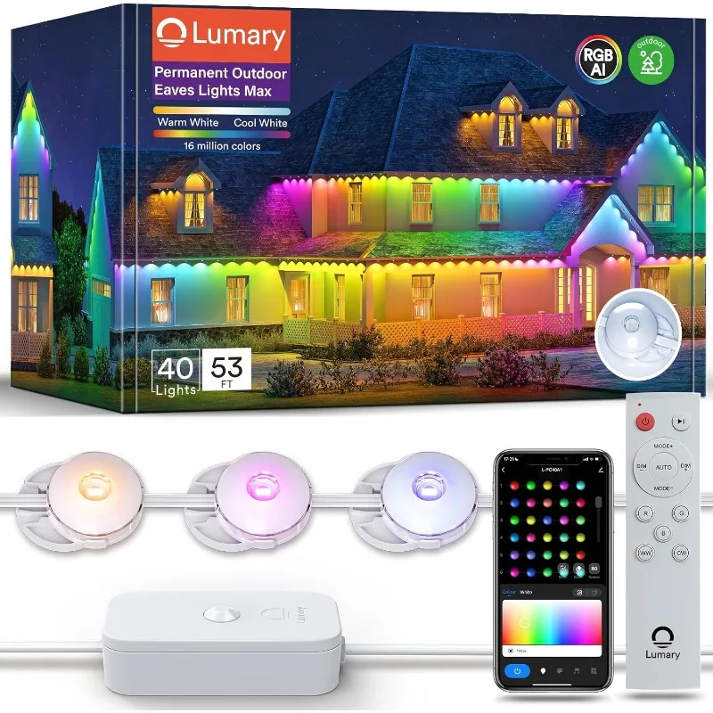 Lumary Permanent Outdoor Lights Max 53ft with 40 LED Eave Lights 2400lm, RGBAICW Smart Outdoor Lights IP67 Waterproof,IC Control
Lumary Permanent Outdoor Lights Max 53ft with 40 LED Eave Lights 2400lm, RGBAICW Smart Outdoor Lights IP67 Waterproof,IC Control