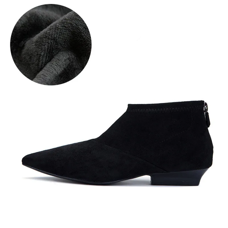 Женские замшевые ботильоны с острым носком на низком каблуке с застежкой-молнией сзади, теплая подкладка для зимы, стильная повседневная офисная обувь
Женские замшевые ботильоны с острым носком на низком каблуке с застежкой-молнией сзади, теплая подкладка для зимы, стильная повседневная офисная обувь