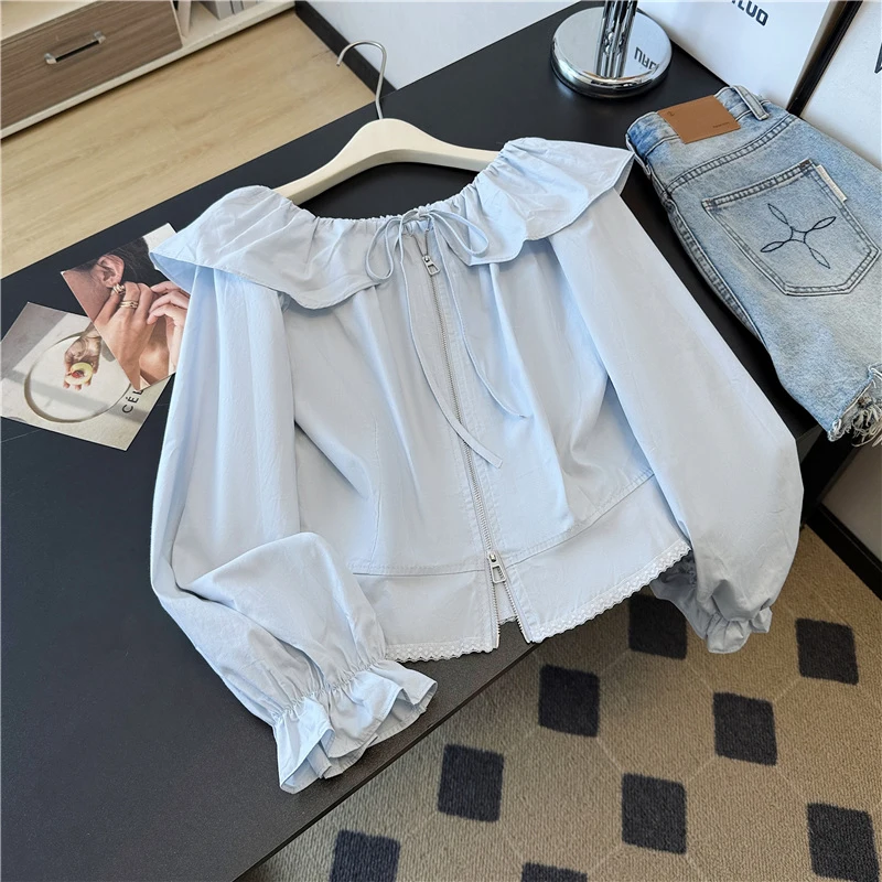 Французские женские рубашки с молнией, длинным рукавом, рюшами и вырезом-лодочкой, повседневные блузки, милые свободные топы на шнуровке для весны и лета, солнцезащитные.
Французские женские рубашки с молнией, длинным рукавом, рюшами и вырезом-лодочкой, повседневные блузки, милые свободные топы на шнуровке для весны и лета, солнцезащитные.