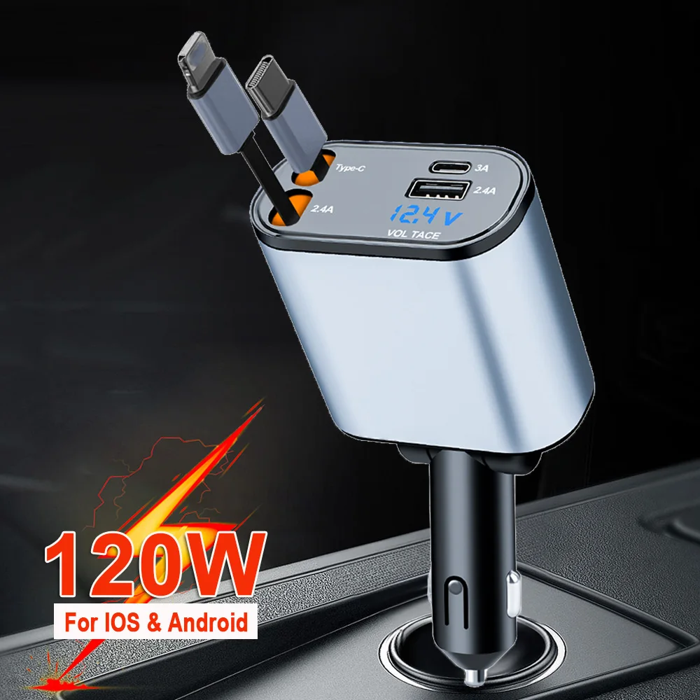 120W Car Charger with Retractable Cable USB Type C Cigarette Lighter Adapter Dual USB Quick Charger For IPhone Android Huawei
120W Car Charger with Retractable Cable USB Type C Cigarette Lighter Adapter Dual USB Quick Charger For IPhone Android Huawei