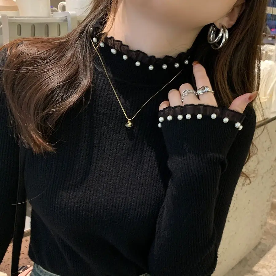 2025 Autumn Winter Women Lace Sweet Sweater Beading Mock Neck Knitted Sweater Female Soft Blouse Korean Style Bottom Shirt
2025 Autumn Winter Women Lace Sweet Sweater Beading Mock Neck Knitted Sweater Female Soft Blouse Korean Style Bottom Shirt