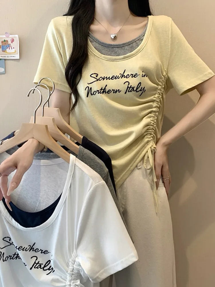 Chic Summer Short Sleeve T-Shirt Women's Printed Letter Top Drawstring Korean Style Fake Two-Piece Slimming Fashionable plus ...
Chic Summer Short Sleeve T-Shirt Women's Printed Letter Top Drawstring Korean Style Fake Two-Piece Slimming Fashionable plus ...