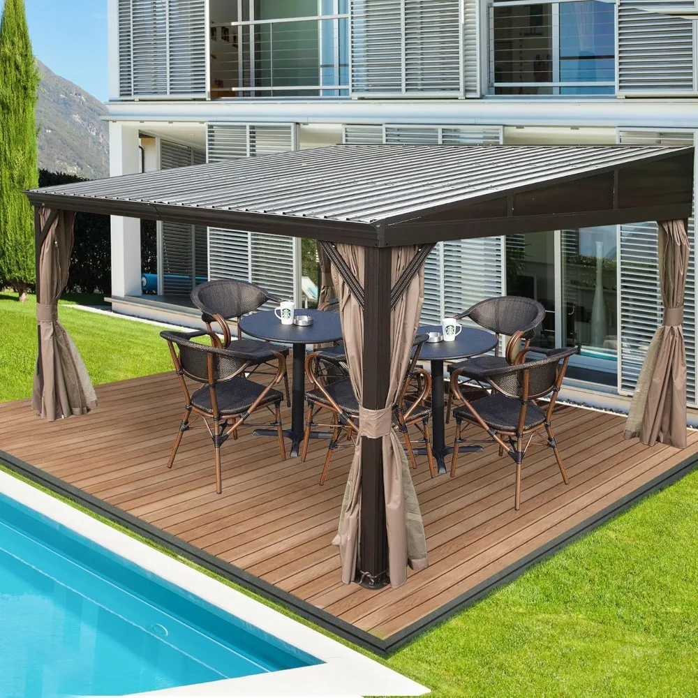 10x12FT inclined pavilion with aluminum frame, hardtop wall mounted terrace, inclined galvanized steel roof, mesh curtains
10x12FT inclined pavilion with aluminum frame, hardtop wall mounted terrace, inclined galvanized steel roof, mesh curtains