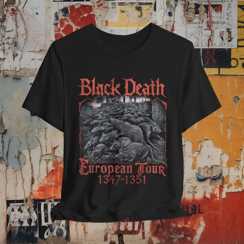 Black Death European Tour Printed T-shirt Women and Men Black Humorous Gothic Top Spring/Summer Pure Cotton Short Sleeve T-shirt
Black Death European Tour Printed T-shirt Women and Men Black Humorous Gothic Top Spring/Summer Pure Cotton Short Sleeve T-shirt