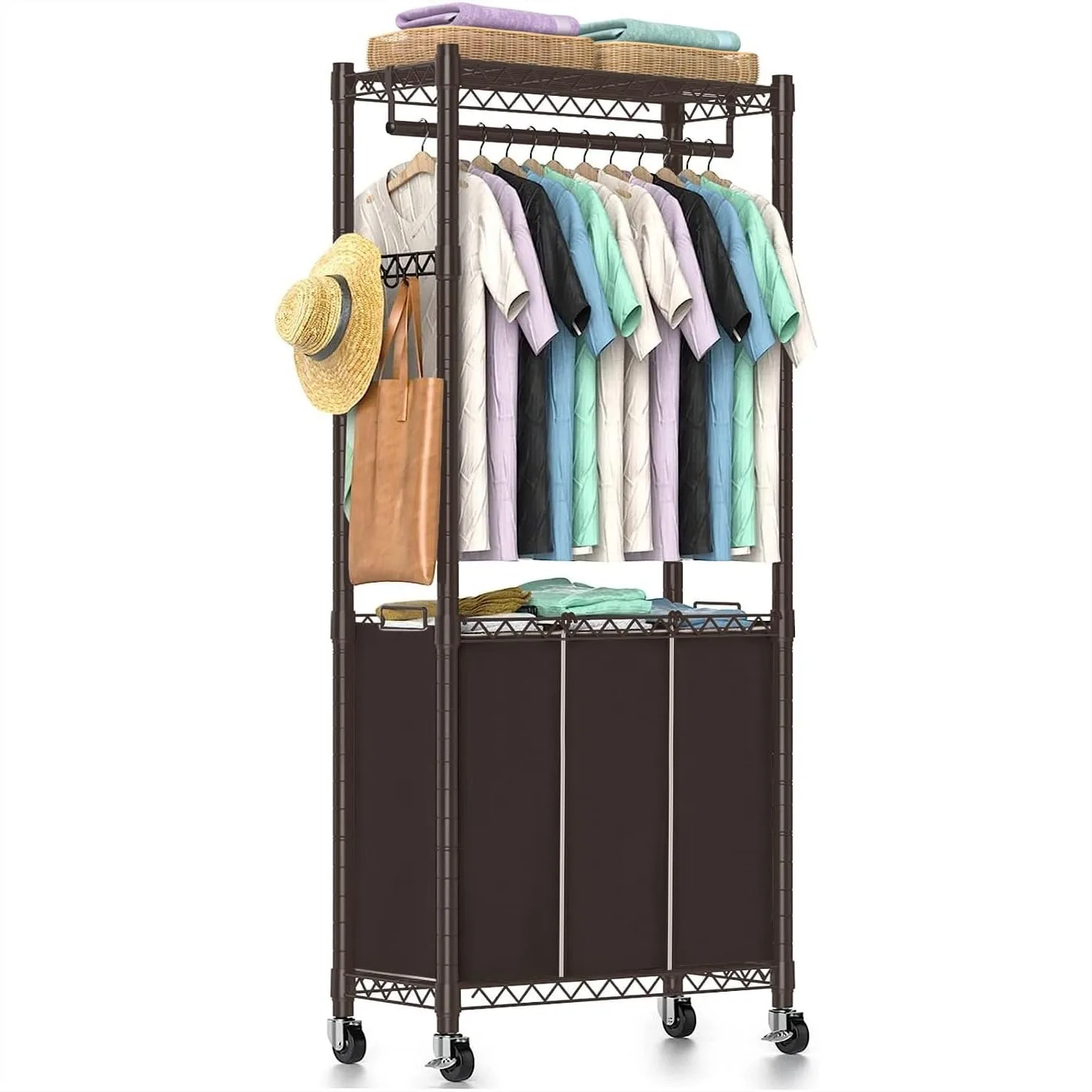 3-Section Laundry Sorter with Hanging Bar, Rolling Hamper Cart, Lockable Wheels and Removable Bags, Espresso
3-Section Laundry Sorter with Hanging Bar, Rolling Hamper Cart, Lockable Wheels and Removable Bags, Espresso