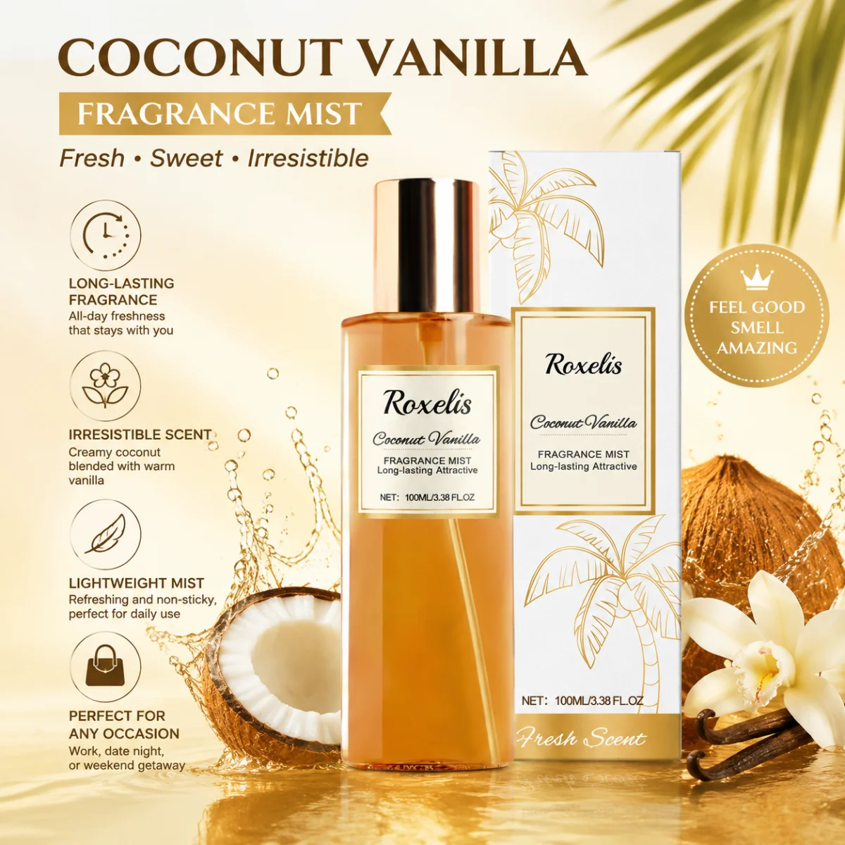 100ml Coconut Vanilla Fragrance Mist Body Spray Fresh Sweet Scent Moisturizing Body Mist for Women Daily Use Travel Gift
100ml Coconut Vanilla Fragrance Mist Body Spray Fresh Sweet Scent Moisturizing Body Mist for Women Daily Use Travel Gift