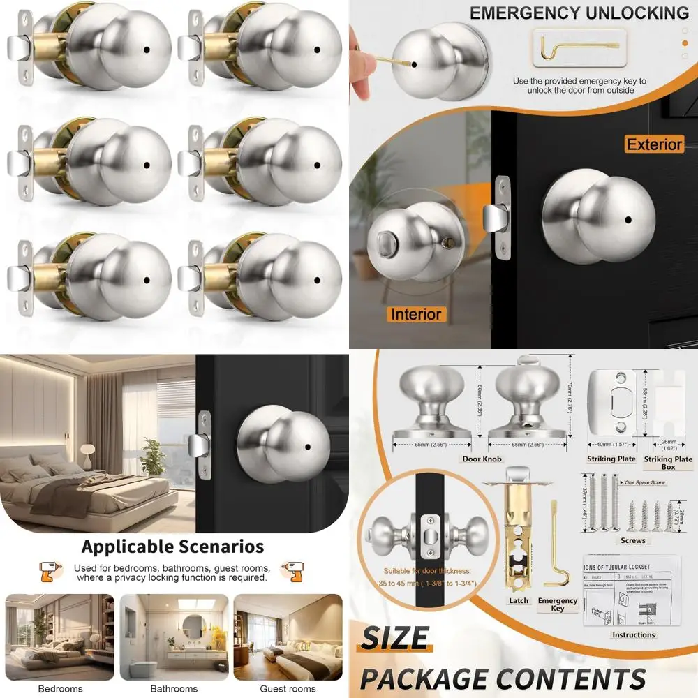 Stainless Steel Privacy Door Knobs Set of 6, Brushed Nickel Finish, Bed/Bath Locks, Keyless Interior Handles for Secure Access
Stainless Steel Privacy Door Knobs Set of 6, Brushed Nickel Finish, Bed/Bath Locks, Keyless Interior Handles for Secure Access
