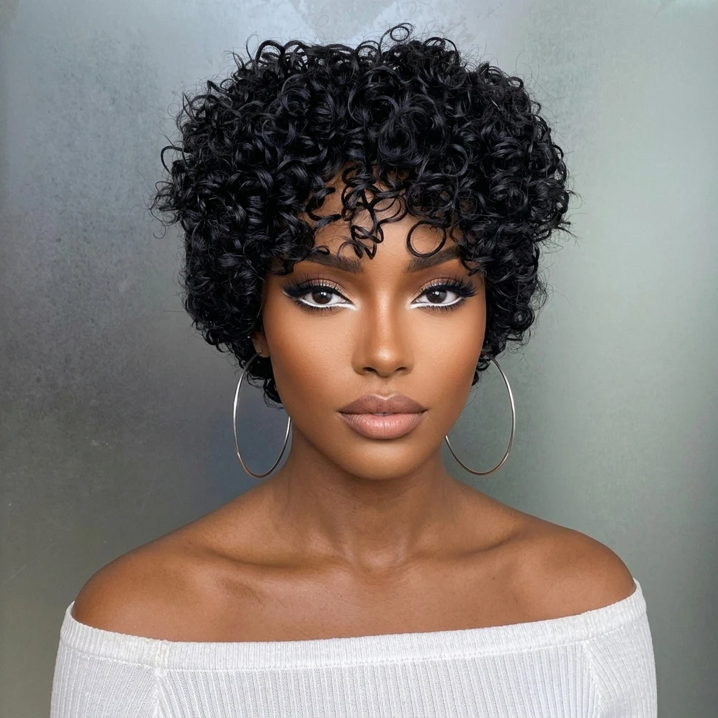 Short Pixie Afro Kinky Curly Wig with Bangs Remy Human Hair Machine Made Wig
Short Pixie Afro Kinky Curly Wig with Bangs Remy Human Hair Machine Made Wig