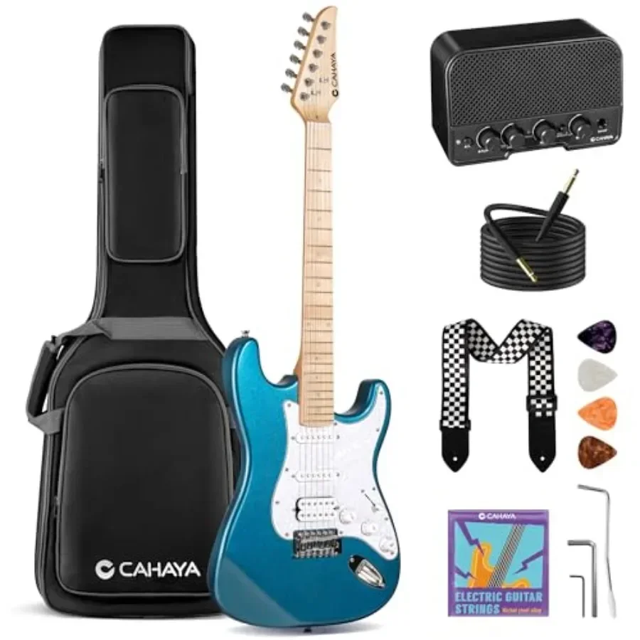 Beginner electric guitar set for adults: 39in solid okoume body with HSS pickup, blue finish, includes amplifier, gig bag, stra
Beginner electric guitar set for adults: 39in solid okoume body with HSS pickup, blue finish, includes amplifier, gig bag, stra