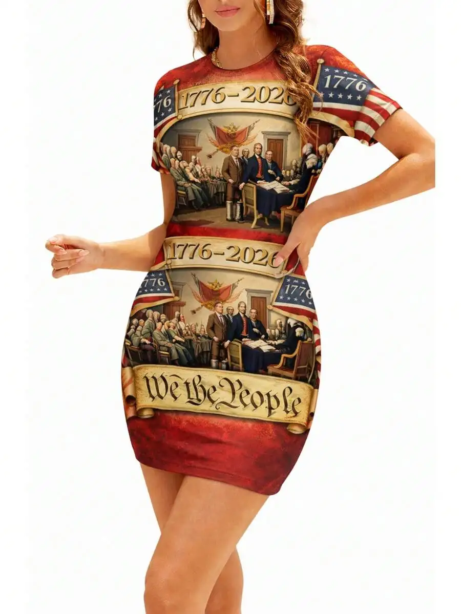 Womens Slim Fit Mini Dress With Vintage Patriotic Print And We The People Scroll Design
Womens Slim Fit Mini Dress With Vintage Patriotic Print And We The People Scroll Design