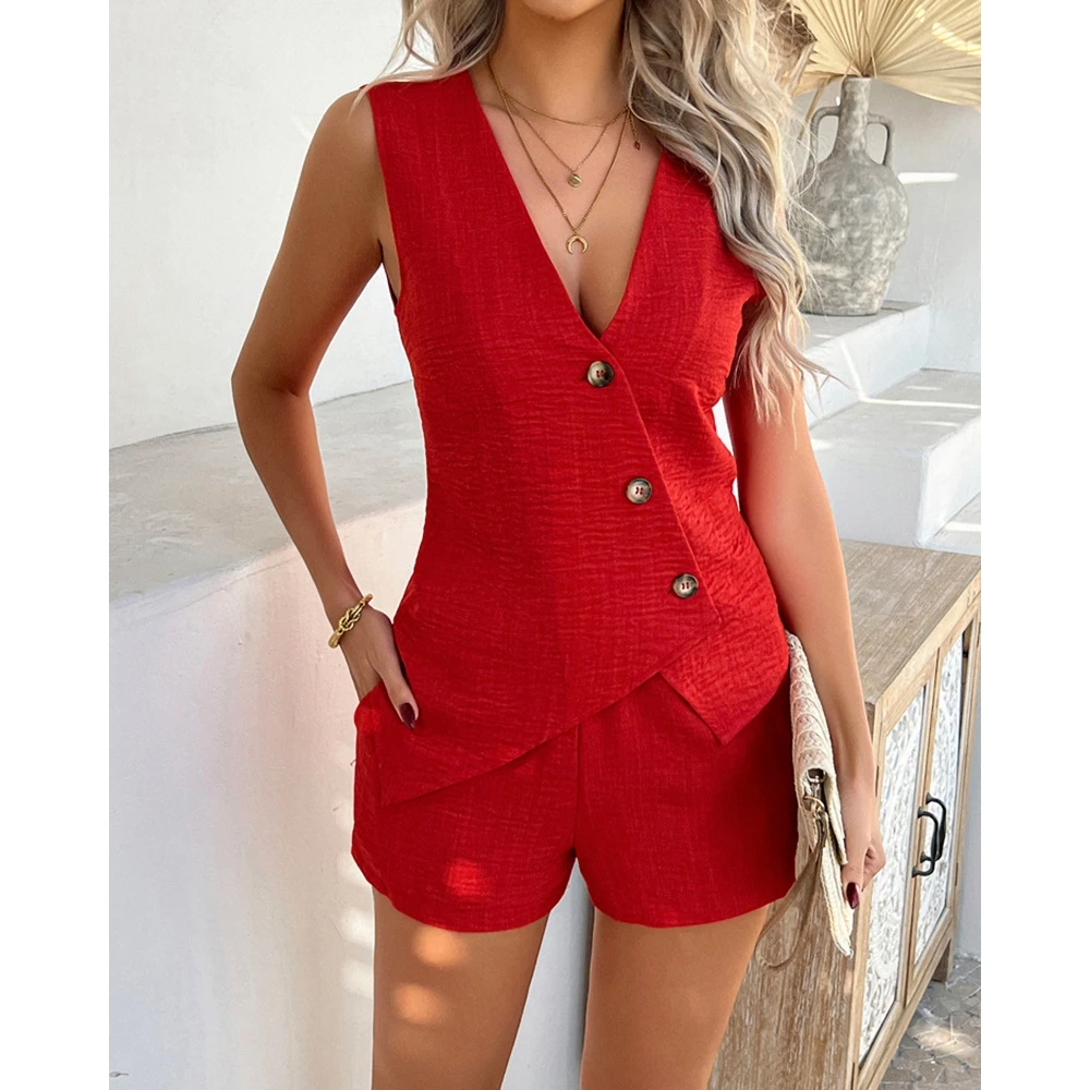 Casual Summer 2 Pieces Shorts Set Women Asymmetrical Design Sleeveless V-Neck Vest Top and Short Sets Suits for Women
Casual Summer 2 Pieces Shorts Set Women Asymmetrical Design Sleeveless V-Neck Vest Top and Short Sets Suits for Women
