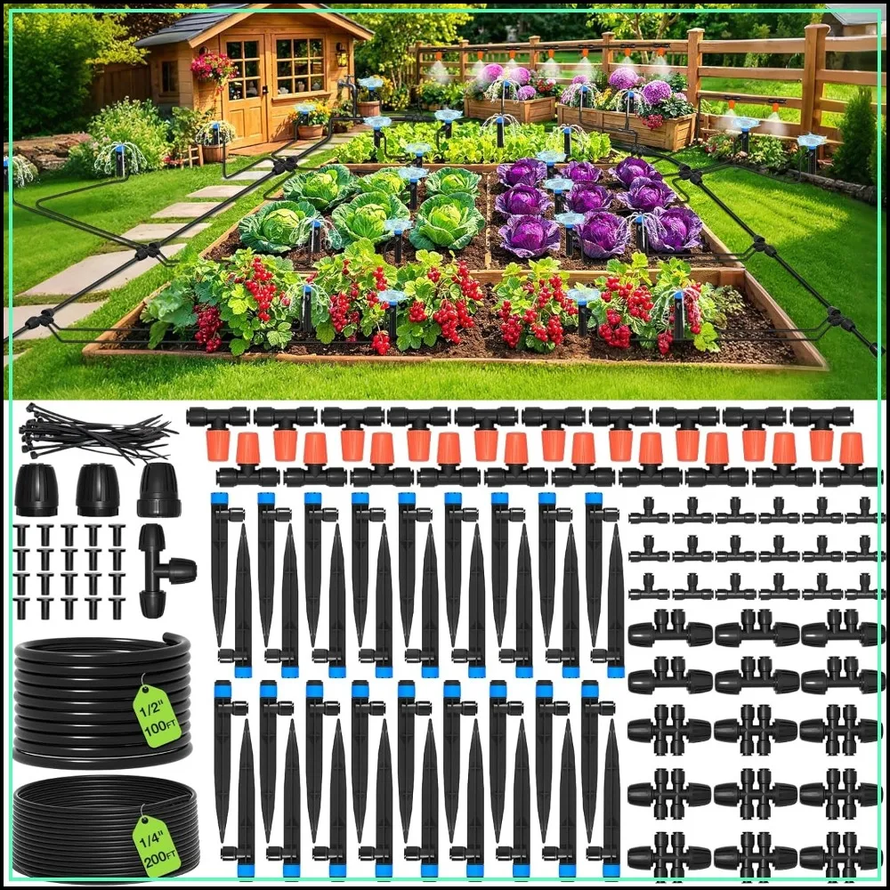 300FT Drip Irrigation System Kit - Automatic Garden Watering with 100FT 1/2" & 200FT 1/4" Tubing, Fittings, Adjustable Emitters for Greenhouse Lawn Raised Bed Potted Plants
300FT Drip Irrigation System Kit - Automatic Garden Watering with 100FT 1/2" & 200FT 1/4" Tubing, Fittings, Adjustable Emitters for Greenhouse Lawn Raised Bed Potted Plants