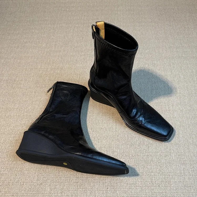 Women Wedge Heel Thick Soled Short Boots Leather Back Zipper Elastic Boots Outdoor Casual Comfortable Women Boots Comfortable
Women Wedge Heel Thick Soled Short Boots Leather Back Zipper Elastic Boots Outdoor Casual Comfortable Women Boots Comfortable