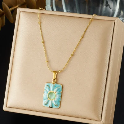18K Gold Turquoise Enamel Rectangle Pendant Necklace 316L Stainless Steel Beaded Cable Chain Vintage Women Jewelry Gift
18K Gold Turquoise Enamel Rectangle Pendant Necklace 316L Stainless Steel Beaded Cable Chain Vintage Women Jewelry Gift