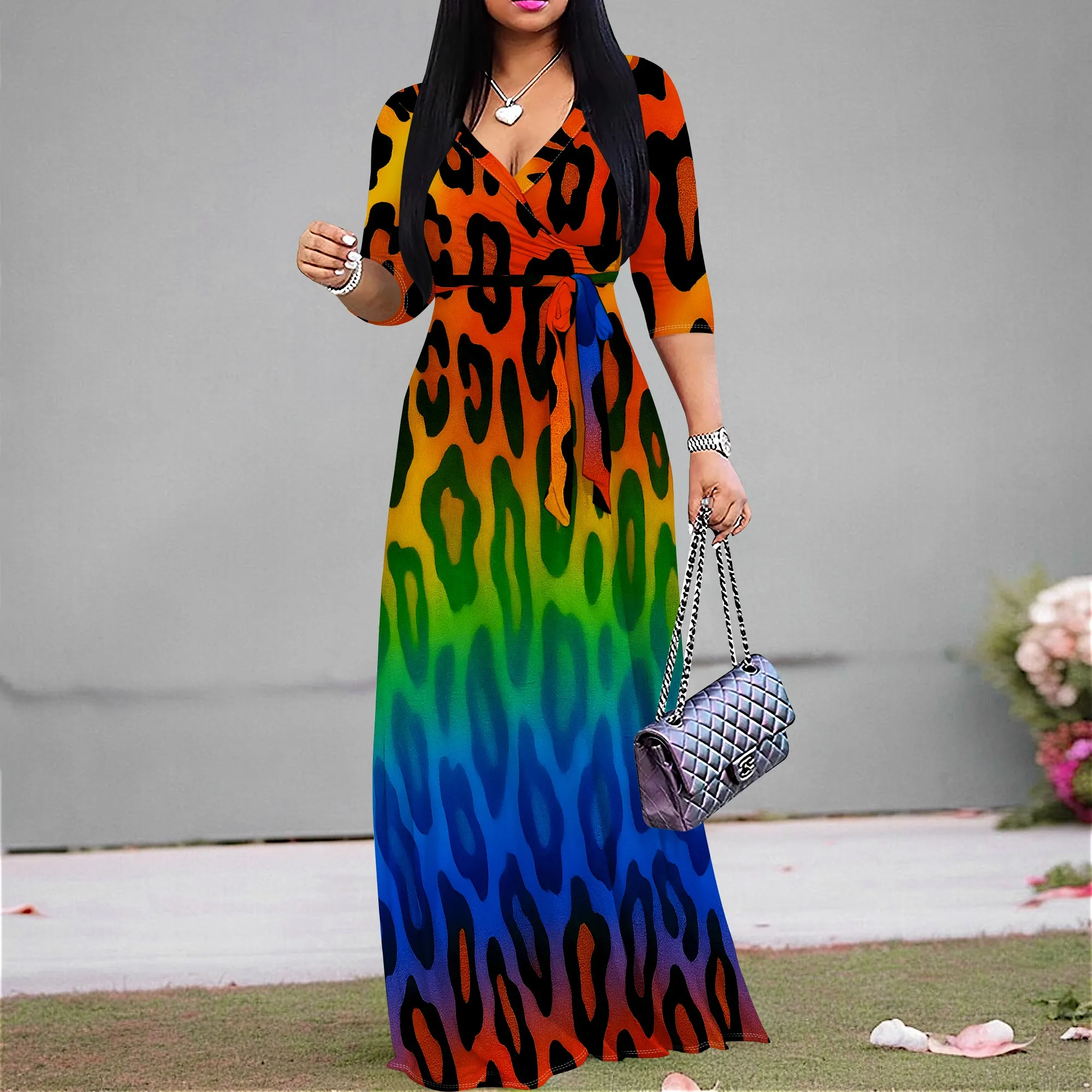 Women's Leopard Print Dress V-Neck High Waist Long Dress 3/4 Sleeve Rainbow Maxi Sundress XS-3XL
Women's Leopard Print Dress V-Neck High Waist Long Dress 3/4 Sleeve Rainbow Maxi Sundress XS-3XL