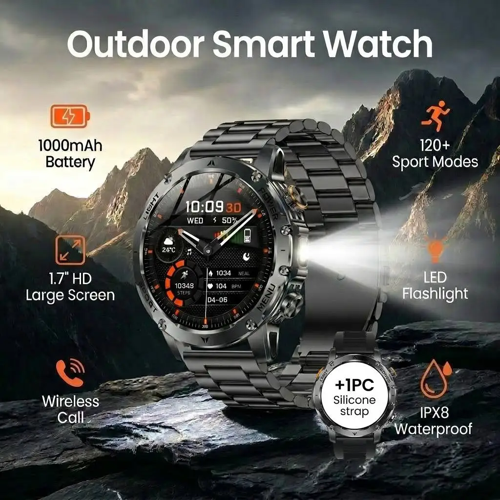 2026 outdoor sports smartwatch,Bluetooth 5.2 wireless voice assistant,1000mAh,LED,1.7''HD screen,IPX8 waterproof,Christmas gift
2026 outdoor sports smartwatch,Bluetooth 5.2 wireless voice assistant,1000mAh,LED,1.7''HD screen,IPX8 waterproof,Christmas gift