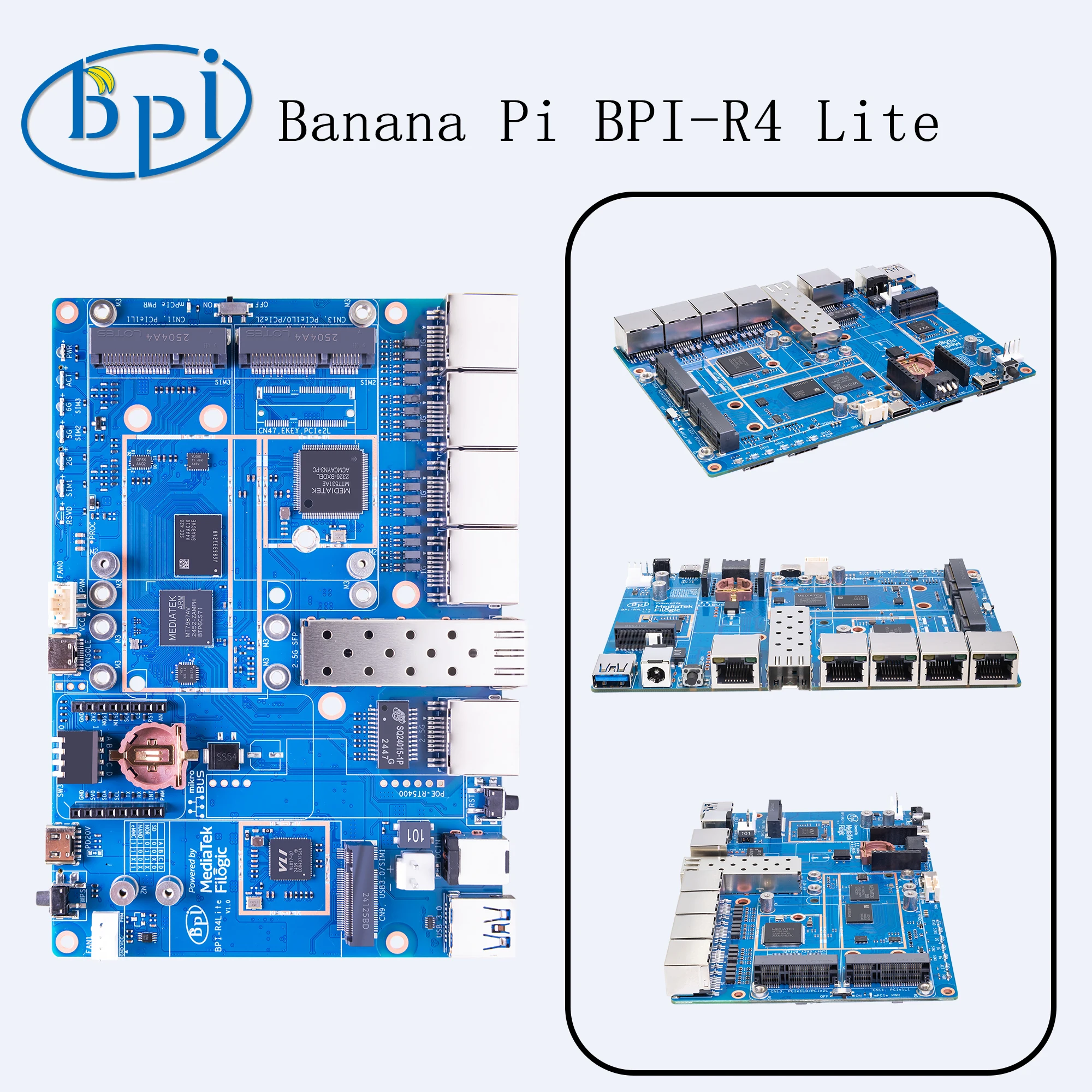 Banana Pi MediaTek MT7987A for Cellular networking solutions (4G/5G),BPI-R4 Lite with 2G DDR4 8G eMMC WIFI7 Smart RouterBoard