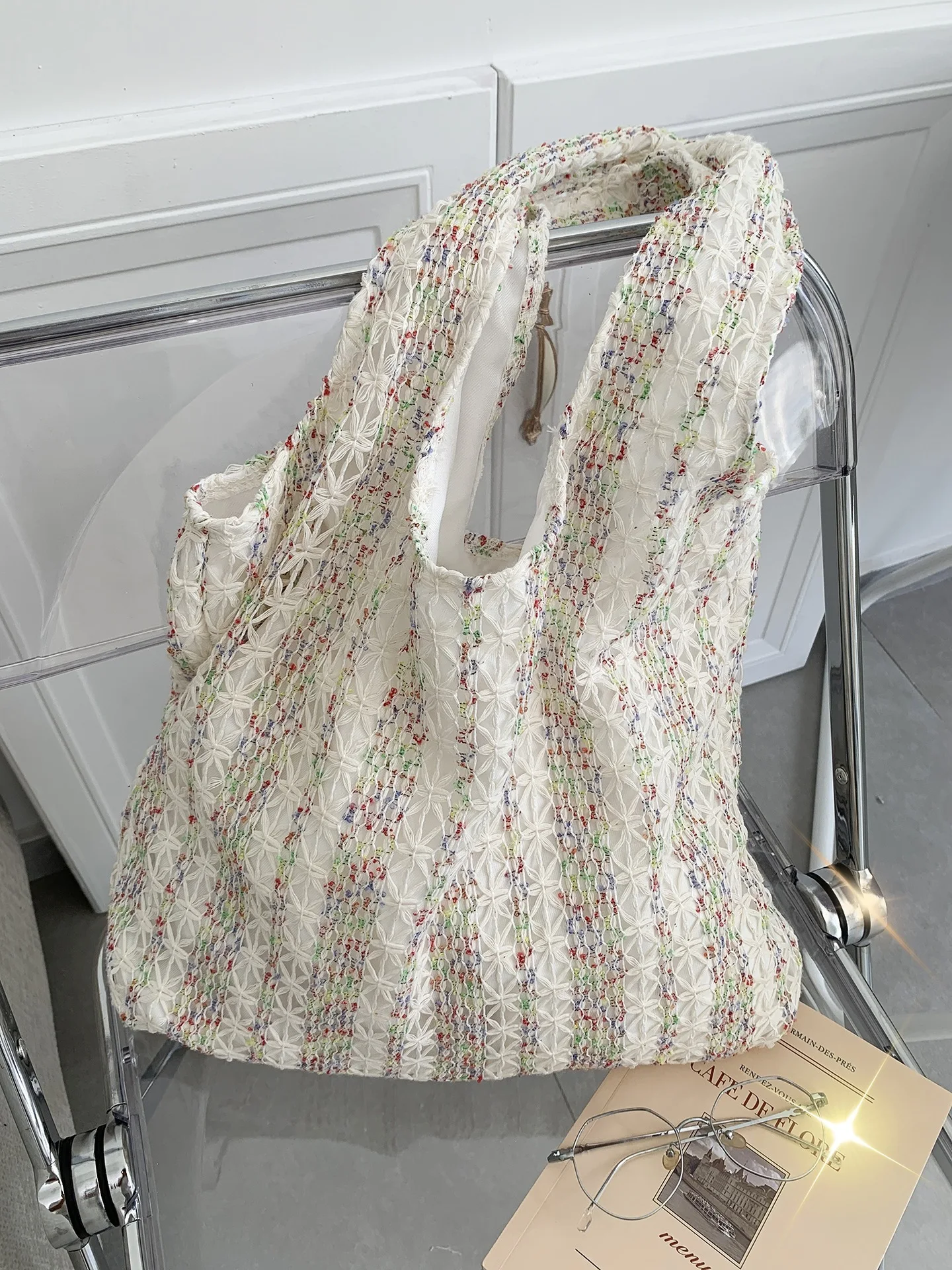 Neon Color Knitted Canvas Tote Bag for Women, Large Capacity Casual Shoulder Bag Fashion Commute School Bag for College Students Neon Color Knitted Canvas Tote Bag for Women, Large Capacity Casual Shoulder Bag Fashion Commute School Bag for College Students