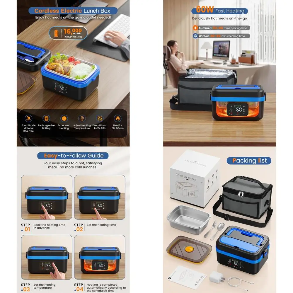 Портативный электрический ланч-бокс на 1 л с аккумулятором 16000 мАч, термосумкой и столовыми приборами для взрослых в пути
Портативный электрический ланч-бокс на 1 л с аккумулятором 16000 мАч, термосумкой и столовыми приборами для взрослых в пути