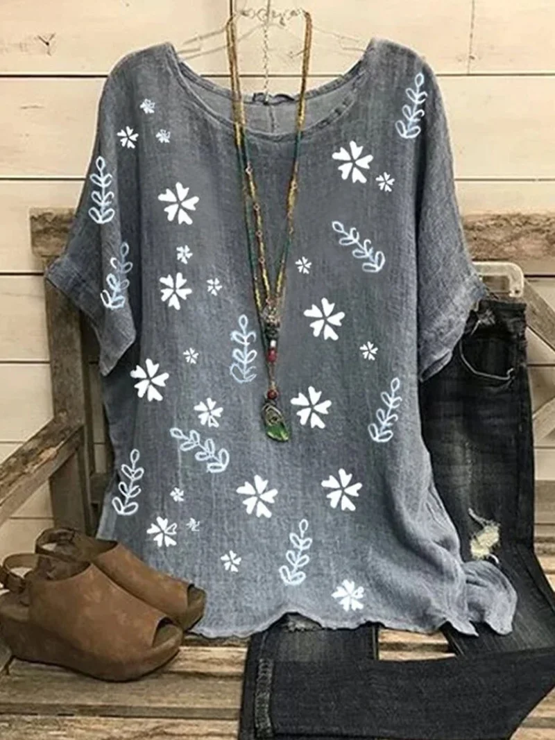 Summer Pullover Blouses Women Vintage T-shirt Round Neck Snowflake Printing Blusas Short Sleeves Elegant Tops Loose Size Shirt
Summer Pullover Blouses Women Vintage T-shirt Round Neck Snowflake Printing Blusas Short Sleeves Elegant Tops Loose Size Shirt
