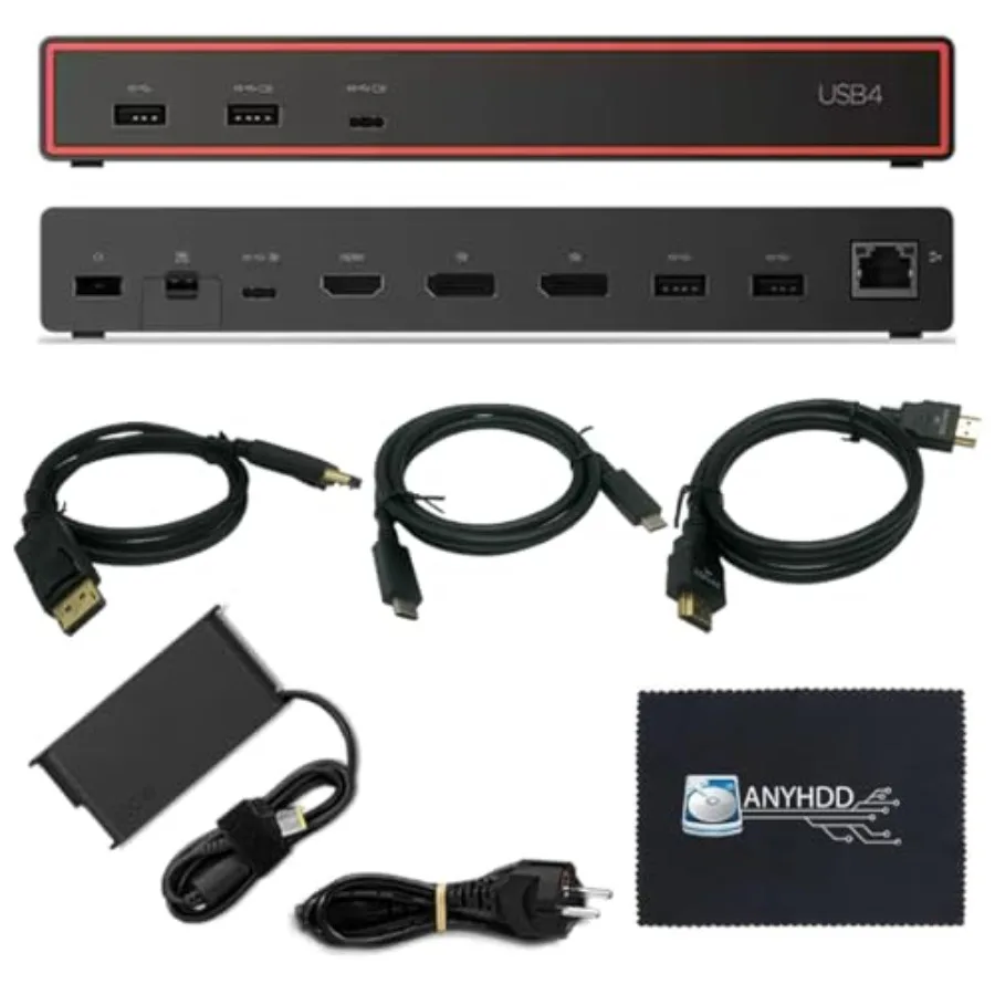 USB4 docking station for laptops with 100W adapter, HDMI, DisplayPort, USB-C cables cloth sleeve black aluminum, compact worksp
USB4 docking station for laptops with 100W adapter, HDMI, DisplayPort, USB-C cables cloth sleeve black aluminum, compact worksp