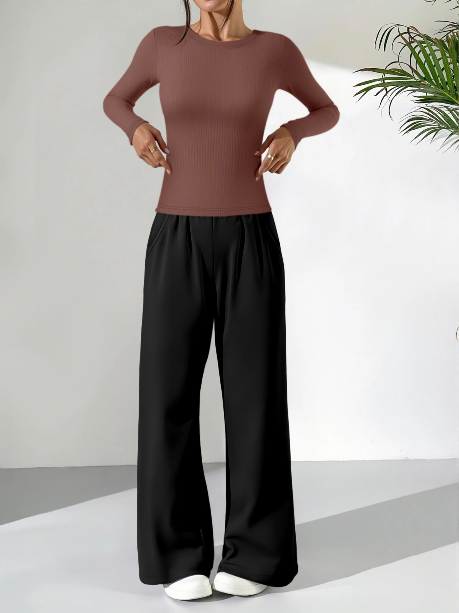 Solid Color 2PCS Loungewear, Slim Ribbed Long Sleeve Top & Loose Wide Leg Pants, Soft Skin Friendly Home Wear for Ladies
Solid Color 2PCS Loungewear, Slim Ribbed Long Sleeve Top & Loose Wide Leg Pants, Soft Skin Friendly Home Wear for Ladies