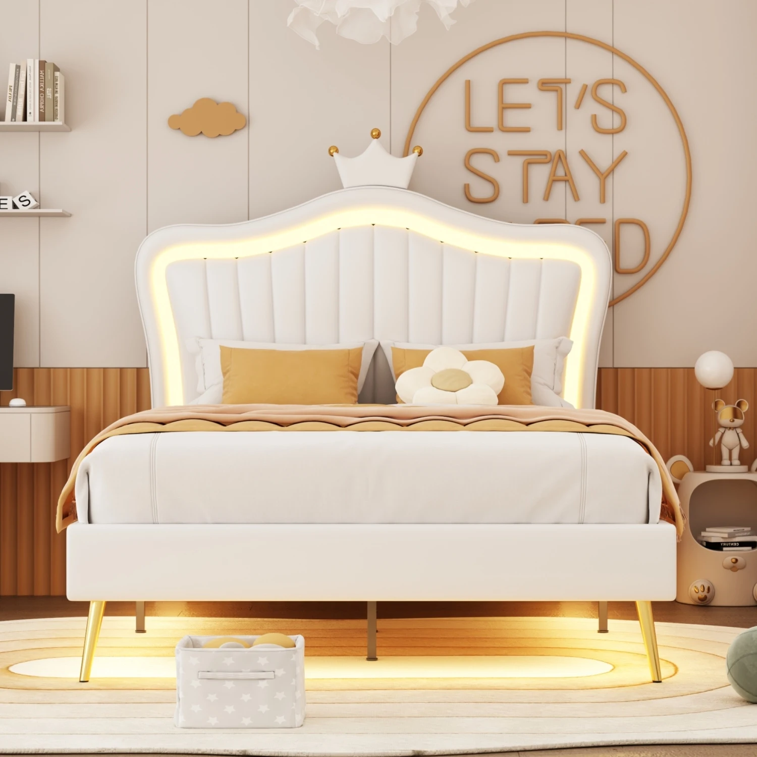 Full Size Upholstered Bed Frame with LED Lights,Modern Upholstered Princess Bed With Crown Headboard,White
Full Size Upholstered Bed Frame with LED Lights,Modern Upholstered Princess Bed With Crown Headboard,White