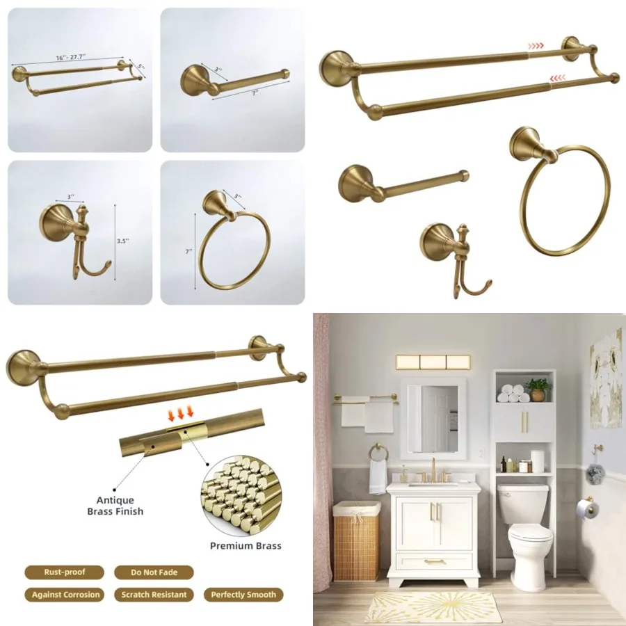 4 Pcs Antique Brass Bathroom Accessories Set - 16"-27.7" Solid Brass Towel Rack, Vintage - Wall Mounted Antique Gold Bathroom H
4 Pcs Antique Brass Bathroom Accessories Set - 16"-27.7" Solid Brass Towel Rack, Vintage - Wall Mounted Antique Gold Bathroom H