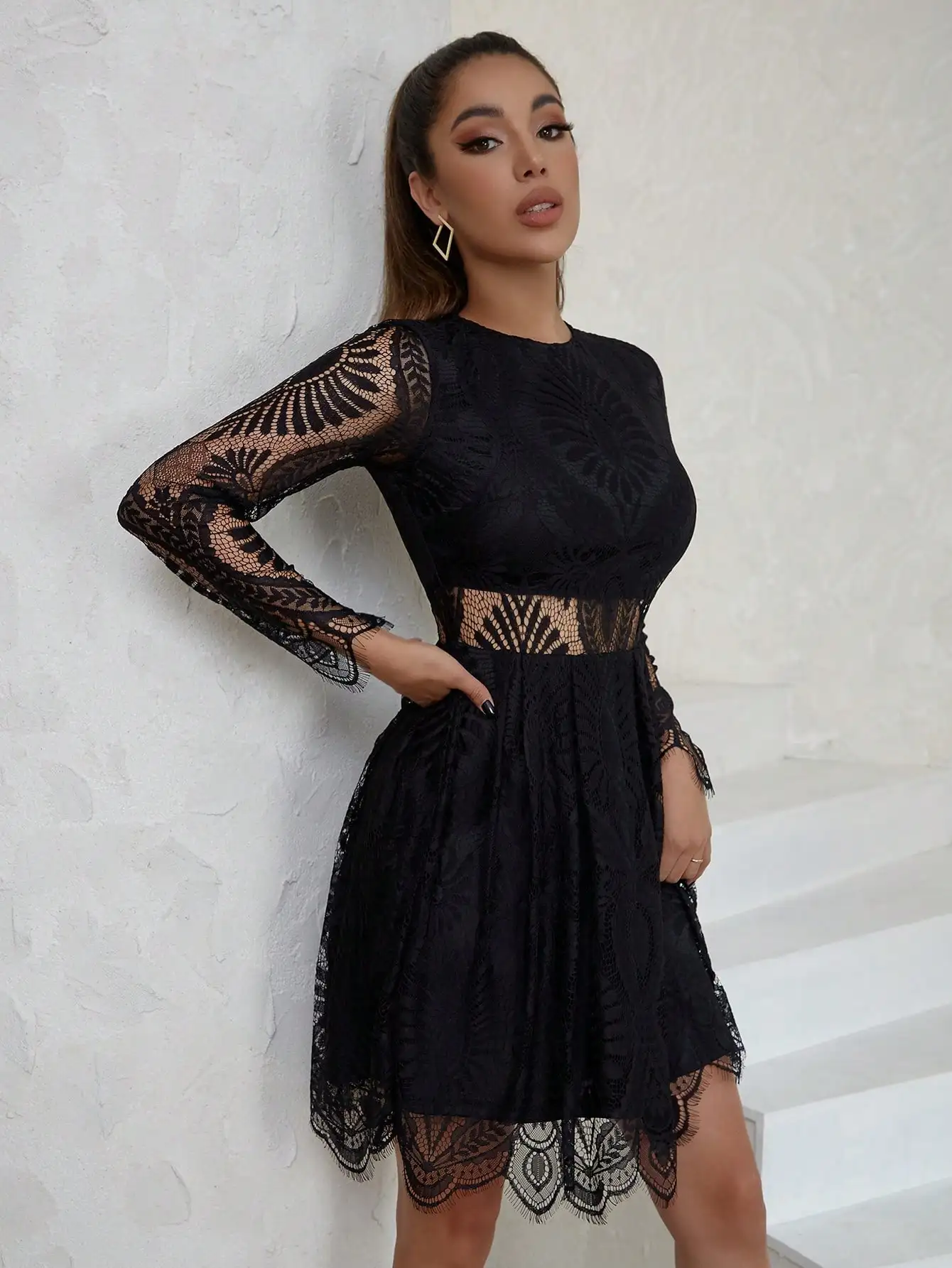 Black Lace Dress with Round Neck, Long Sleeves, Waist Cutout & Scalloped Hem
Black Lace Dress with Round Neck, Long Sleeves, Waist Cutout & Scalloped Hem