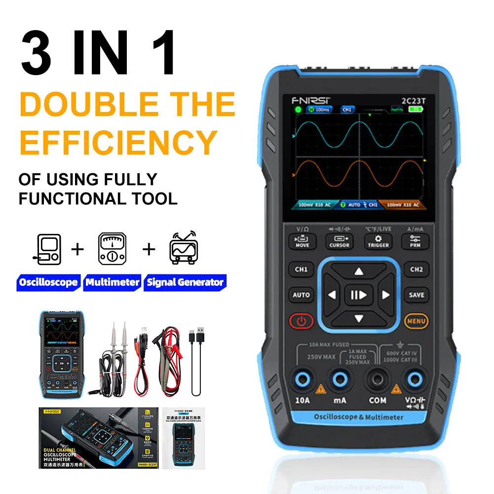 FNIRSI-2C23T Oscilloscope Handheld Digital Oscilloscope Multimeter Signal Generator 2 Channel with 2.8" LCD 50MS/s Sampling Rate
FNIRSI-2C23T Oscilloscope Handheld Digital Oscilloscope Multimeter Signal Generator 2 Channel with 2.8" LCD 50MS/s Sampling Rate