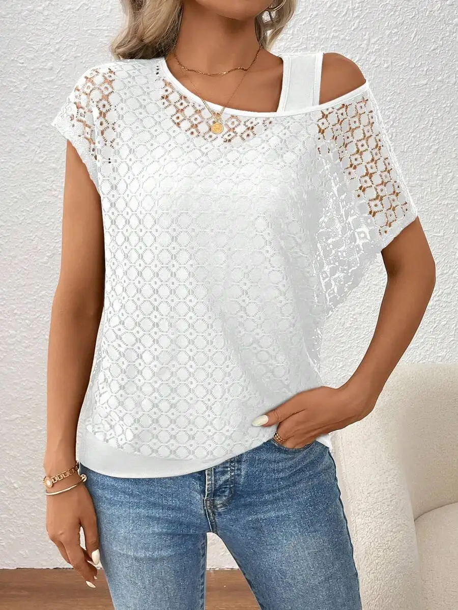 Women's White Lace Overlay Cold Shoulder Top with Geometric Pattern
Women's White Lace Overlay Cold Shoulder Top with Geometric Pattern