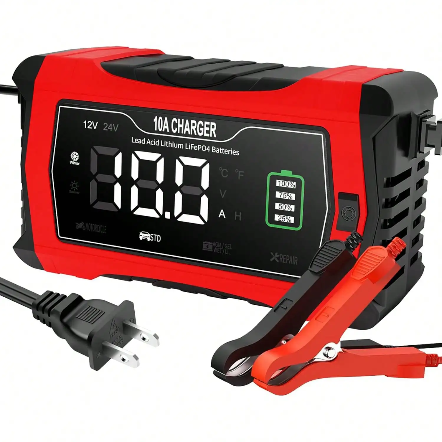 10-Amp 12V And 24V Fully-Automatic Smart Car Battery Charger, Battery Maintainer Trickle Charger, And Battery Desulfator, Lifepo4/AGM, Lithium Battery Charger
10-Amp 12V And 24V Fully-Automatic Smart Car Battery Charger, Battery Maintainer Trickle Charger, And Battery Desulfator, Lifepo4/AGM, Lithium Battery Charger