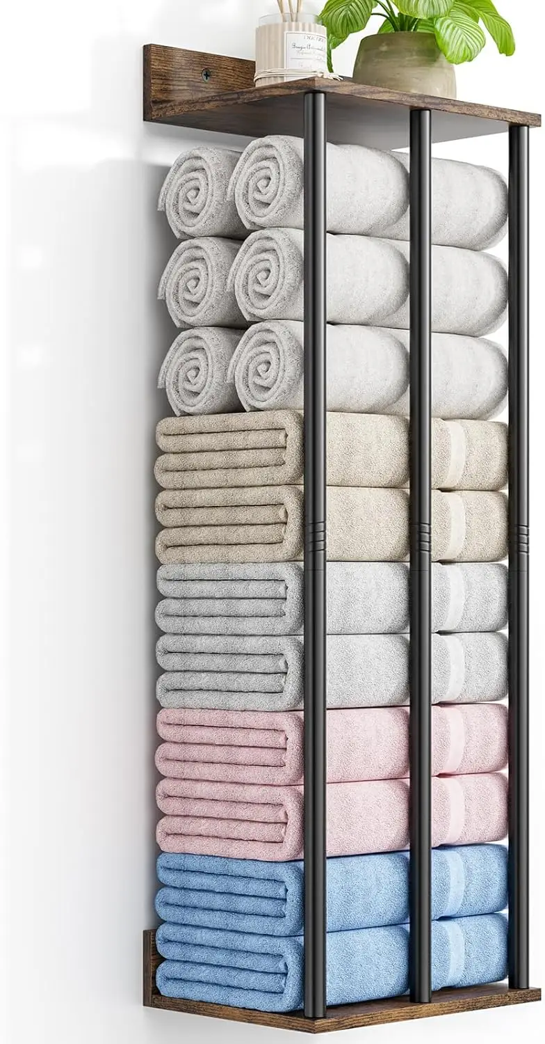 Wall Mounted Towel Rack with Wooden Shelf, 3 Bar Metal Towel Holder for Rolled Towels, Large Capacity Bathroom Storage Organizer
Wall Mounted Towel Rack with Wooden Shelf, 3 Bar Metal Towel Holder for Rolled Towels, Large Capacity Bathroom Storage Organizer