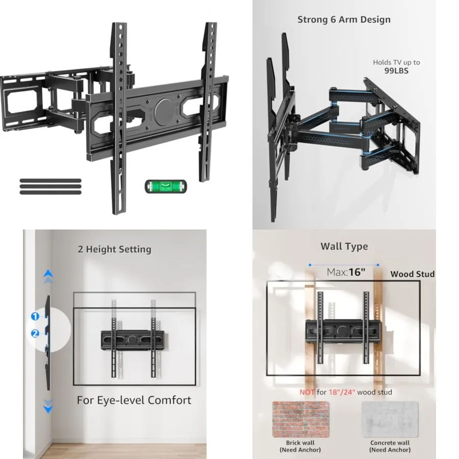 TV Wall Mount for Most 26-65 Inch Flat/Curved TVs, Full Motion TV Mount Fit 16" Wood Stud, Wall Mount TVs Bracket with Dual Swivel Articulating Arm Max VESA 400x400mm up to 99 LBS
TV Wall Mount for Most 26-65 Inch Flat/Curved TVs, Full Motion TV Mount Fit 16" Wood Stud, Wall Mount TVs Bracket with Dual Swivel Articulating Arm Max VESA 400x400mm up to 99 LBS