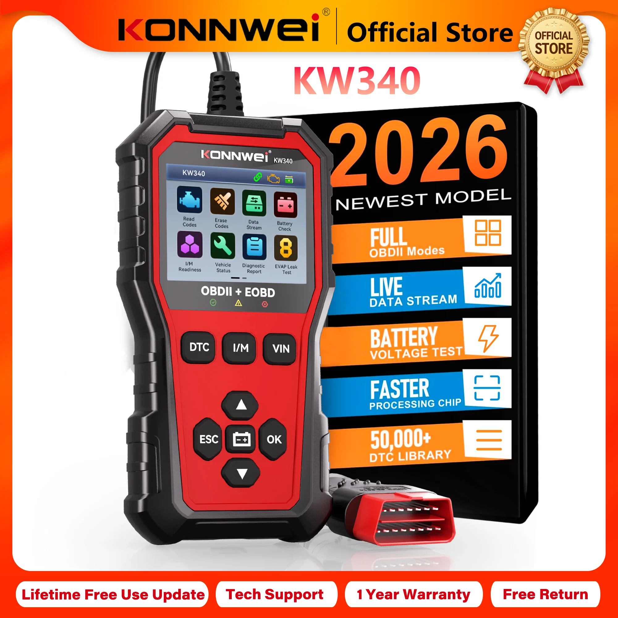 2026 KONNWEI KW340 Car CAN OBD2 EOBD Scanner Diagnostic Tool Engine & Battery Test Read Fault Code Clear Real-Time Data Function
2026 KONNWEI KW340 Car CAN OBD2 EOBD Scanner Diagnostic Tool Engine & Battery Test Read Fault Code Clear Real-Time Data Function
