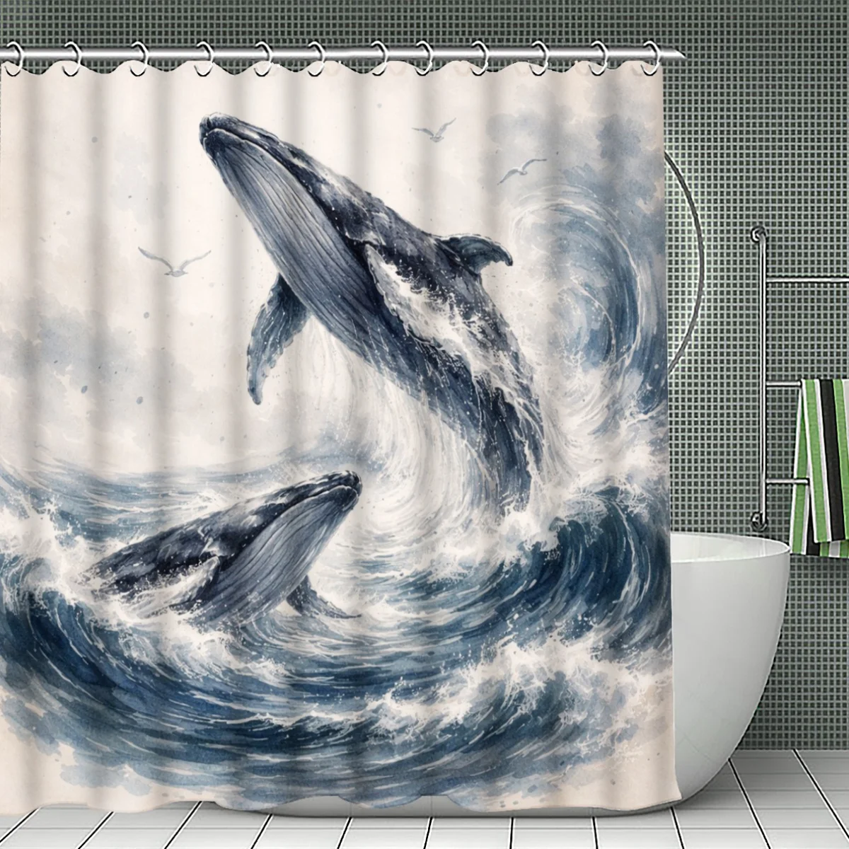 Watercolor Double Whale Breaching Illustration Shower Curtain 1pc with 12 Hooks for Bathroom Home Decor Polyester 70.8x70.8 Inch
Watercolor Double Whale Breaching Illustration Shower Curtain 1pc with 12 Hooks for Bathroom Home Decor Polyester 70.8x70.8 Inch