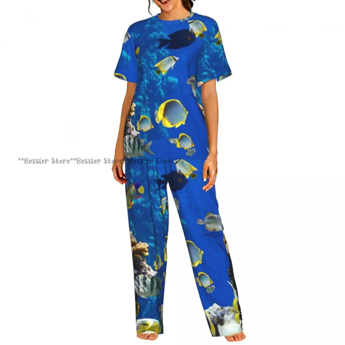 Женский комплект из 2 предметов: пижама с принтом тропических рыб на коралловом рифе, топ с короткими рукавами и брюки, одежда для сна
Женский комплект из 2 предметов: пижама с принтом тропических рыб на коралловом рифе, топ с короткими рукавами и брюки, одежда для сна