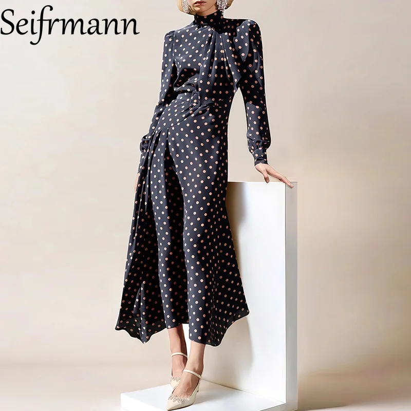 Seifrmann French casual Dot Print Turtleneck Long Sleeve Dress Flounced Edge Elegant Long Dress Spring Summer 2025 New 
Seifrmann French casual Dot Print Turtleneck Long Sleeve Dress Flounced Edge Elegant Long Dress Spring Summer 2025 New