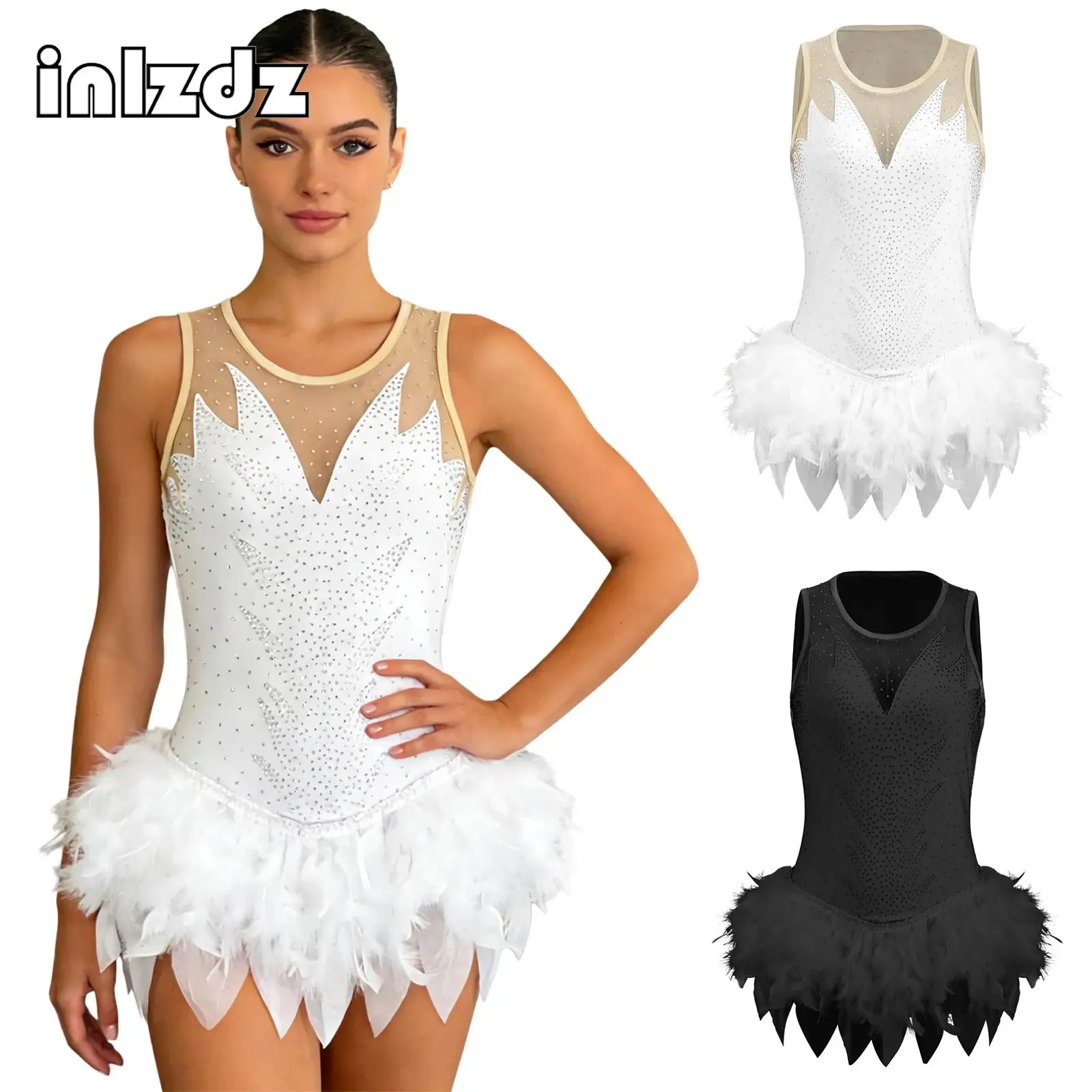 Womens Rhythmic Gymnastics Rhinestones Bodysuit Fuzzy Feather Mesh Sleeveless Leotard Jumpsuit for Ballet Dance Figure Skating
Womens Rhythmic Gymnastics Rhinestones Bodysuit Fuzzy Feather Mesh Sleeveless Leotard Jumpsuit for Ballet Dance Figure Skating