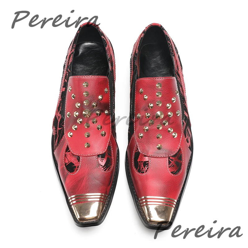 Metal Square Toe Rivet Men's Shoes Red Black Mixed Color Cow Leather Dress Shoes Luxury Cowhide Low Heel Casual Business Shoes
Metal Square Toe Rivet Men's Shoes Red Black Mixed Color Cow Leather Dress Shoes Luxury Cowhide Low Heel Casual Business Shoes