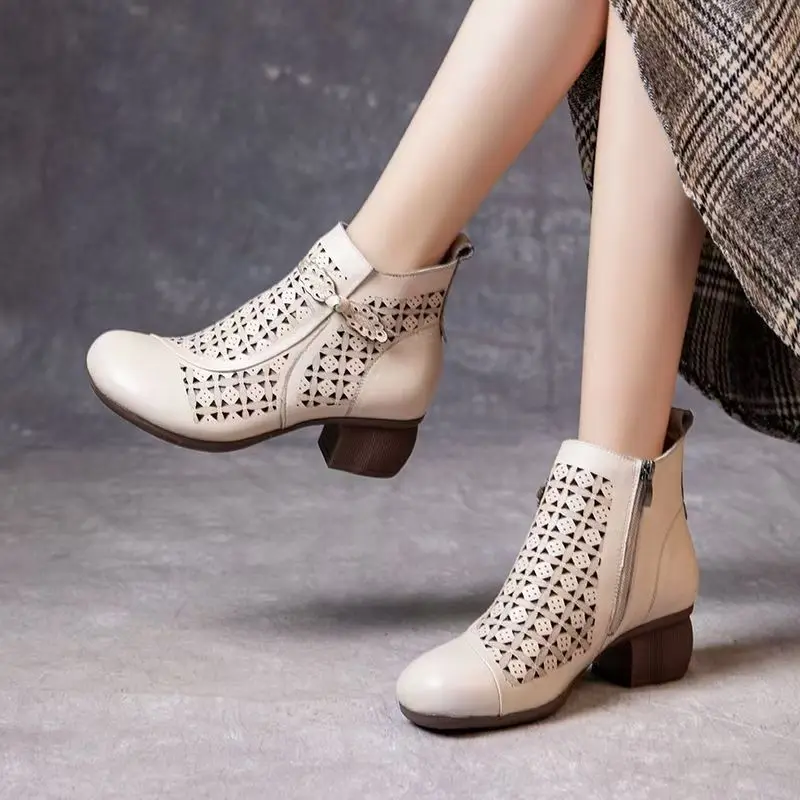 Women Genuine Leather Hollow Out Block Heel Cool Boot Spring Summer New Soft Sole Breathable Ethnic Style Zippers Ankle Boots
Women Genuine Leather Hollow Out Block Heel Cool Boot Spring Summer New Soft Sole Breathable Ethnic Style Zippers Ankle Boots