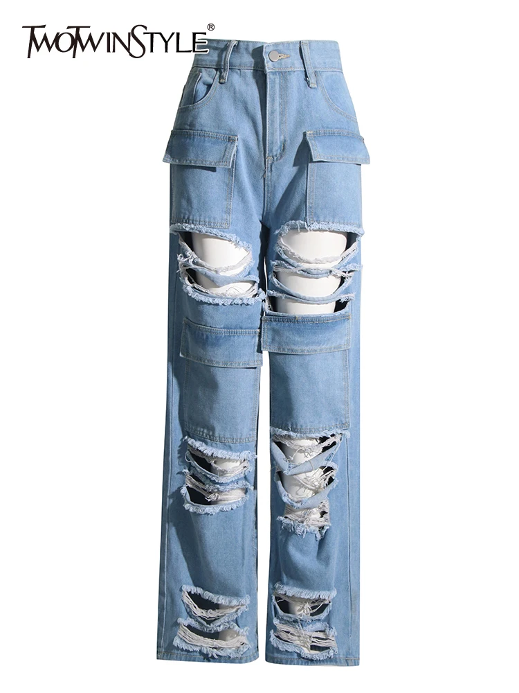 TWOTWINSTYLE Solid Streetwear Hollow Out Denim Pant For Women High Waist Patchwork Pocket Loose Full Length Pants Female Style
TWOTWINSTYLE Solid Streetwear Hollow Out Denim Pant For Women High Waist Patchwork Pocket Loose Full Length Pants Female Style