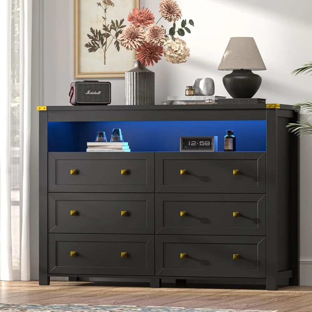 Dresser for Bedroom with 6 Drawers, Wide Chest of Drawers with LED Light and Power Outlet, Wooden Clothes Storage Cabinet
Dresser for Bedroom with 6 Drawers, Wide Chest of Drawers with LED Light and Power Outlet, Wooden Clothes Storage Cabinet