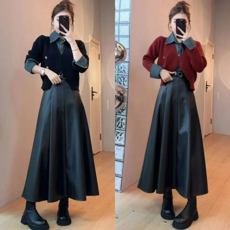 2024 Autumn Suit Wear Women's Denim Splicing Knit Sweater Pu Leather Skirt Long Skirt Two-piece Set of Fashion Women's Skirt
2024 Autumn Suit Wear Women's Denim Splicing Knit Sweater Pu Leather Skirt Long Skirt Two-piece Set of Fashion Women's Skirt